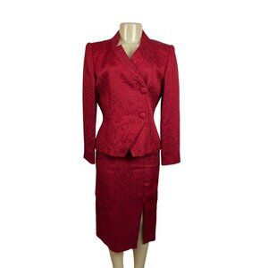 Vtg Christian Dior Women's Red Floral Skirt and Collarless Blazer Suit Sz 6